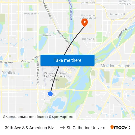 30th Ave S & American Blvd E to St. Catherine University map