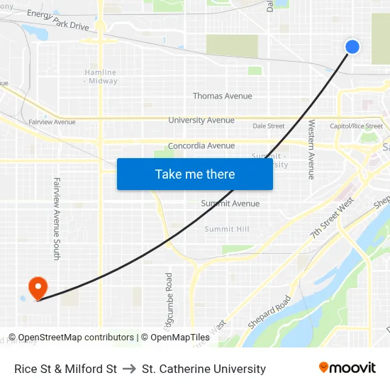 Rice St & Milford St to St. Catherine University map
