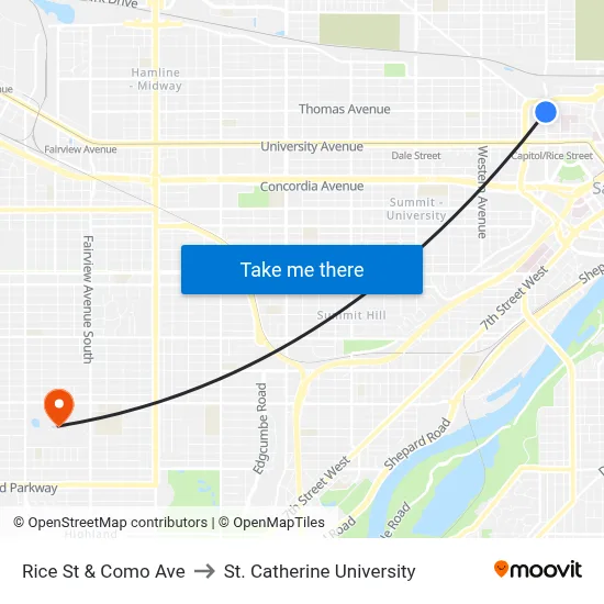Rice St & Como Ave to St. Catherine University map