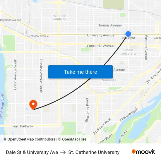Dale St & University Ave to St. Catherine University map