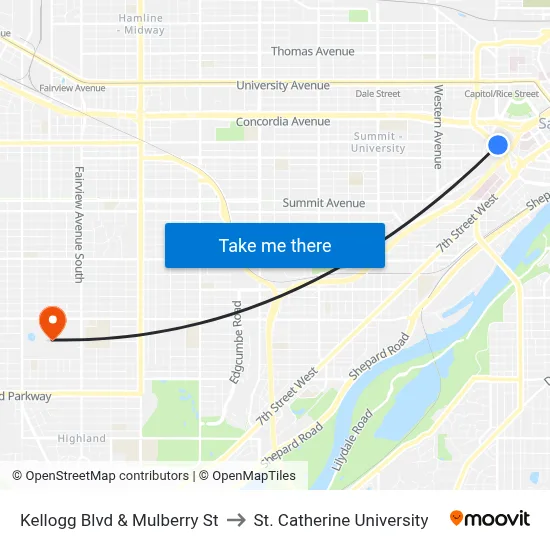 Kellogg Blvd & Mulberry St to St. Catherine University map