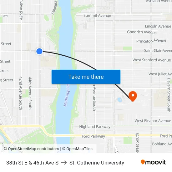38th St E & 46th Ave S to St. Catherine University map