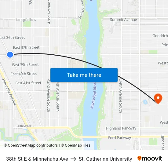 38th St E & Minnehaha Ave to St. Catherine University map