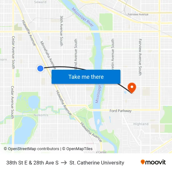 38th St E & 28th Ave S to St. Catherine University map