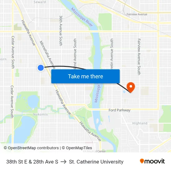 38th St E & 28th Ave S to St. Catherine University map