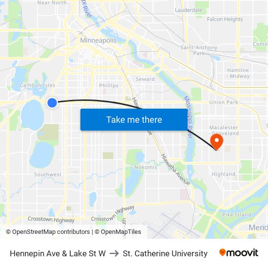 Hennepin Ave & Lake St W to St. Catherine University map