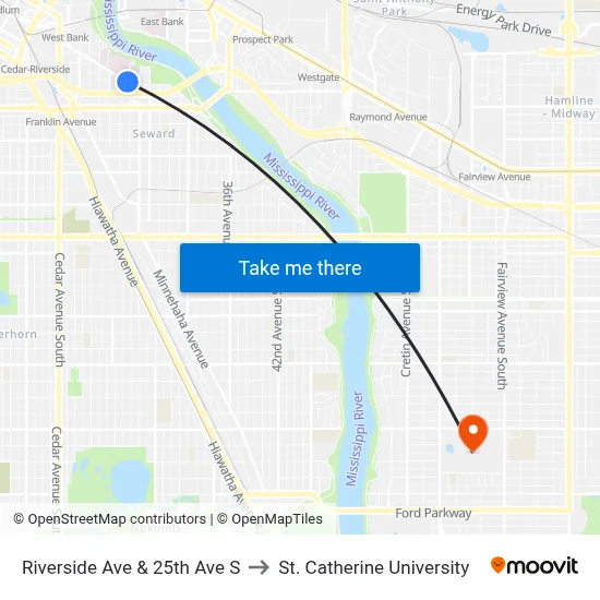 Riverside Ave & 25th Ave S to St. Catherine University map