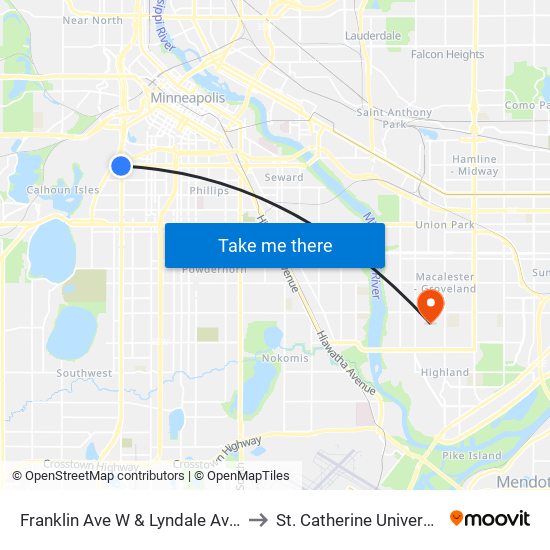 Franklin Ave W & Lyndale Ave S to St. Catherine University map