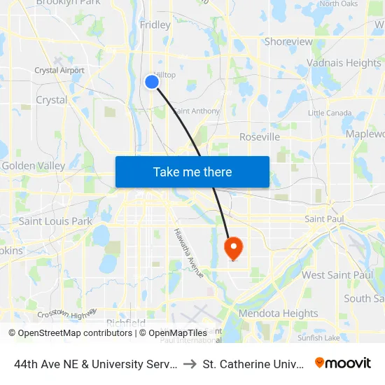 44th Ave NE & University Service Rd to St. Catherine University map