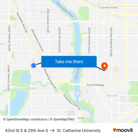 42nd St E & 29th Ave S to St. Catherine University map