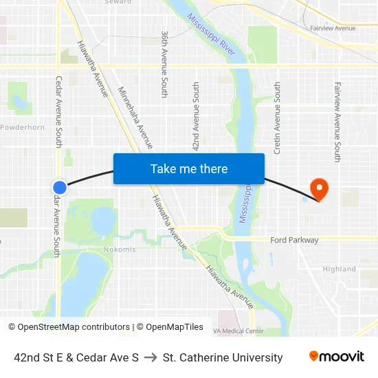 42nd St E & Cedar Ave S to St. Catherine University map