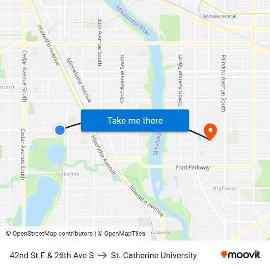 42nd St E & 26th Ave S to St. Catherine University map