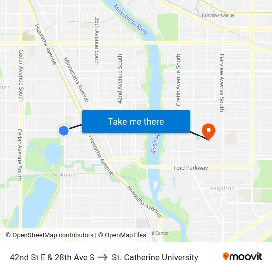 42nd St E & 28th Ave S to St. Catherine University map