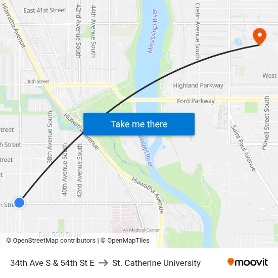 34th Ave S & 54th St E to St. Catherine University map