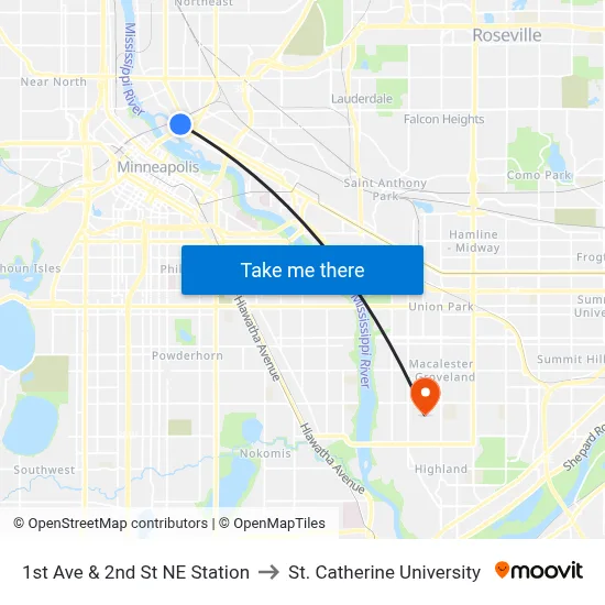 1st Ave & 2nd St NE Station to St. Catherine University map
