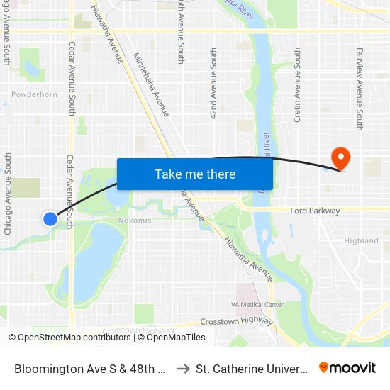 Bloomington Ave S & 48th St E to St. Catherine University map