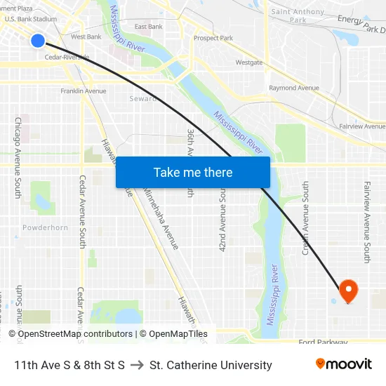 11th Ave S & 8th St S to St. Catherine University map