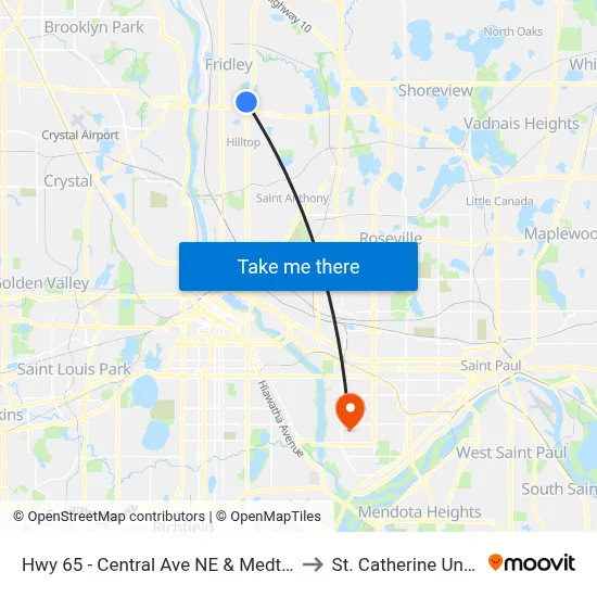 Hwy 65 - Central Ave NE & Medtronic Pkwy to St. Catherine University map
