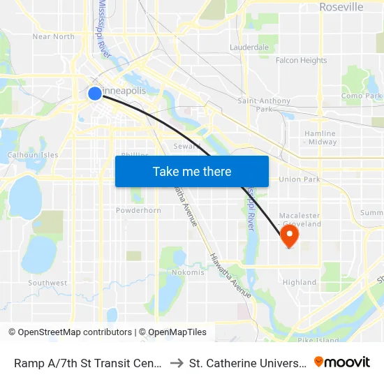 Ramp A/7th St Transit Center to St. Catherine University map
