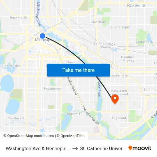 Washington Ave & Hennepin Ave to St. Catherine University map