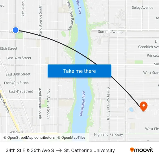 34th St E & 36th Ave S to St. Catherine University map