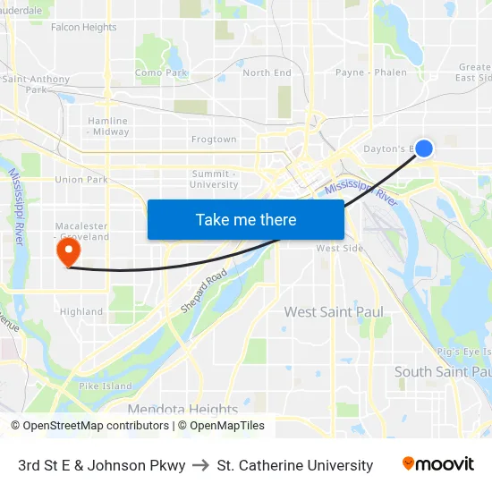 3rd St E & Johnson Pkwy to St. Catherine University map