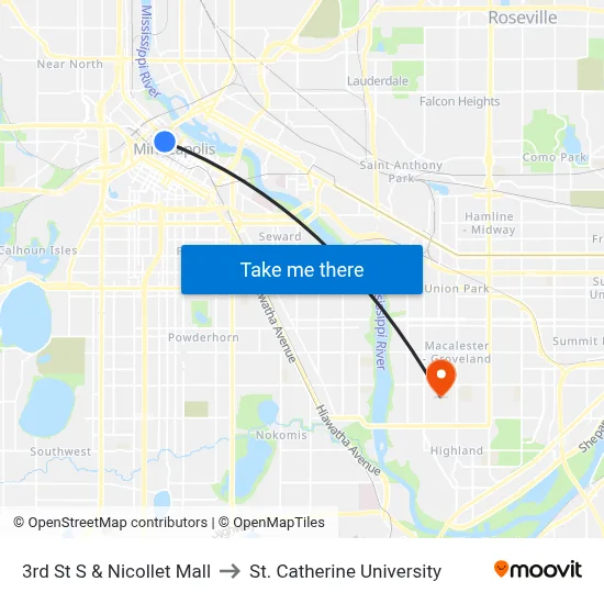 3rd St S & Nicollet Mall to St. Catherine University map