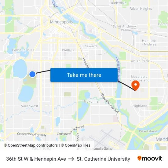 36th St W & Hennepin Ave to St. Catherine University map