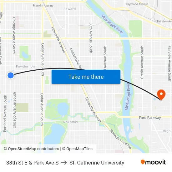 38th St E & Park Ave S to St. Catherine University map