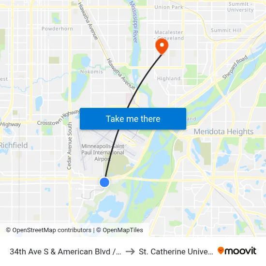 34th Ave S & American Blvd / I-494 to St. Catherine University map