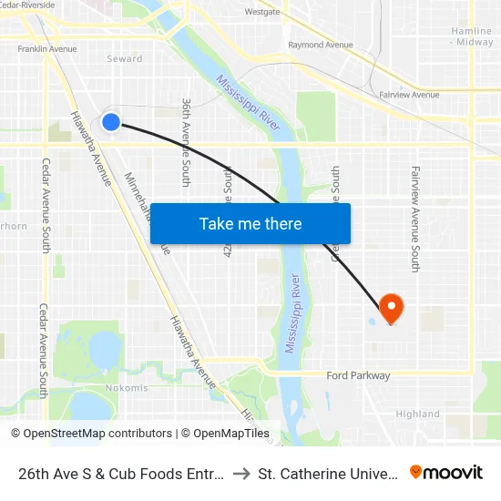 26th Ave S & Cub Foods Entrance to St. Catherine University map