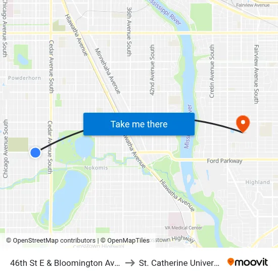 46th St E & Bloomington Ave S to St. Catherine University map