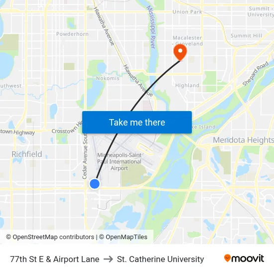 77th St E & Airport Lane to St. Catherine University map