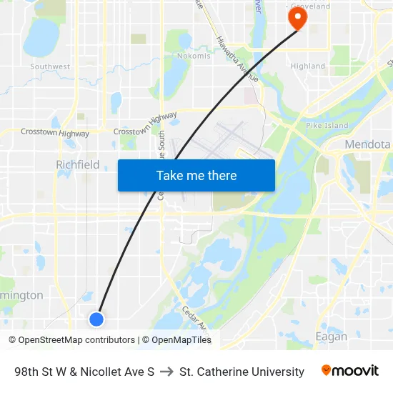 98th St W & Nicollet Ave S to St. Catherine University map