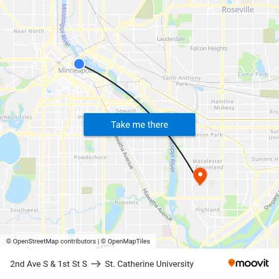 2nd Ave S & 1st St S to St. Catherine University map