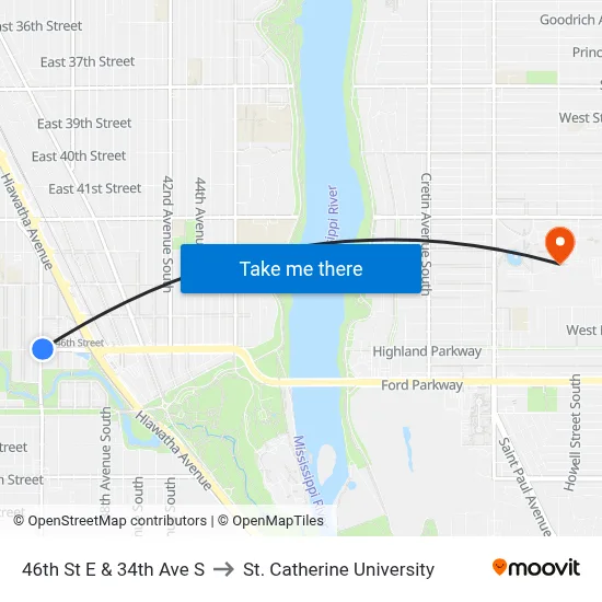 46th St E & 34th Ave S to St. Catherine University map