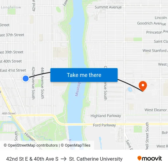 42nd St E & 40th Ave S to St. Catherine University map