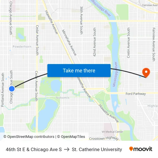 46th St E & Chicago Ave S to St. Catherine University map