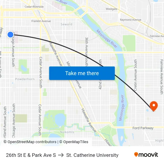 26th St E & Park Ave S to St. Catherine University map