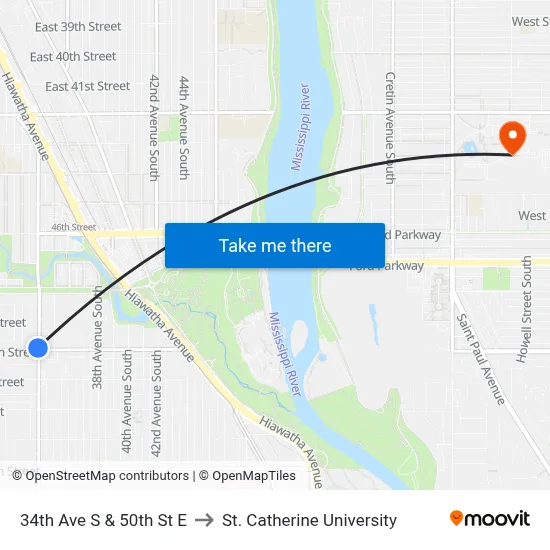34th Ave S & 50th St E to St. Catherine University map