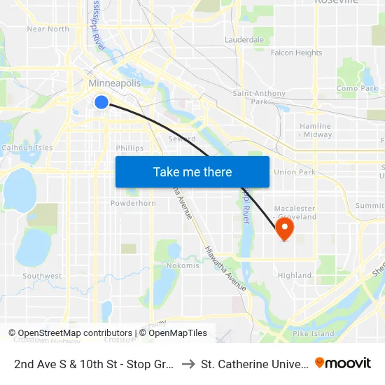 2nd Ave S & 10th St - Stop Group H to St. Catherine University map