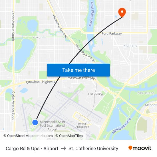 Cargo Rd & Ups - Airport to St. Catherine University map