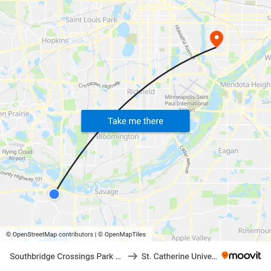 Southbridge Crossings Park & Ride to St. Catherine University map