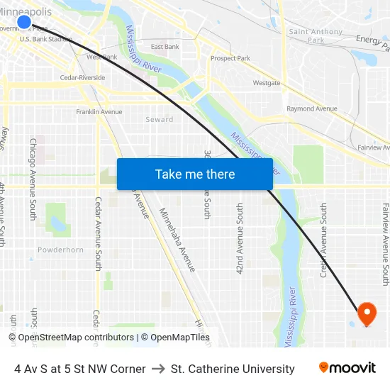 4 Av S at 5 St NW Corner to St. Catherine University map