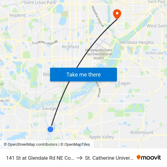 141 St at Glendale Rd NE Corner to St. Catherine University map