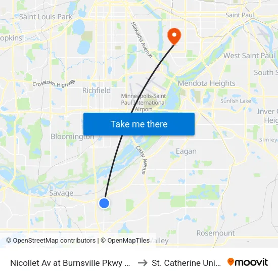 Nicollet Av at Burnsville Pkwy NE Corner to St. Catherine University map
