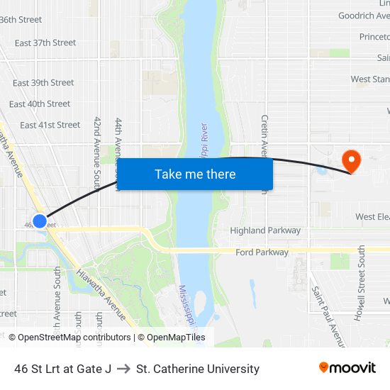 46 St Lrt at Gate J to St. Catherine University map