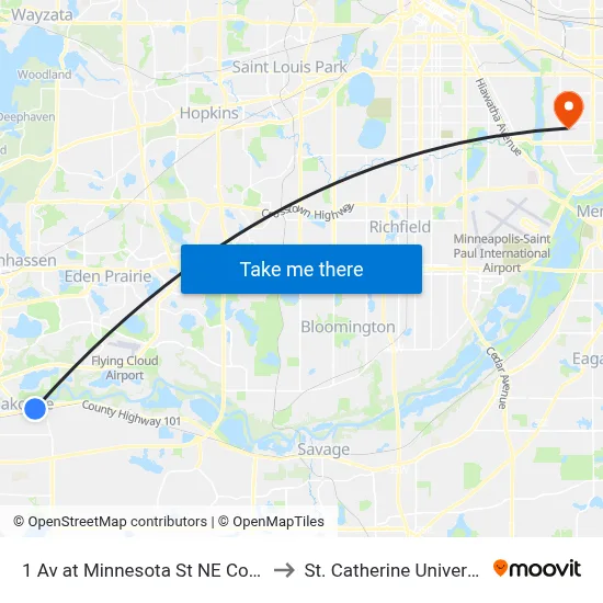 1 Av at Minnesota St NE Corner to St. Catherine University map