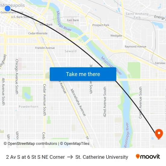 2 Av S at 6 St S NE Corner to St. Catherine University map