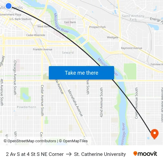 2 Av S at 4 St S NE Corner to St. Catherine University map